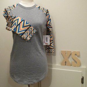 NWT LuLaRoe Randy baseball T, XS, gray body, multicolor chevron sleeves